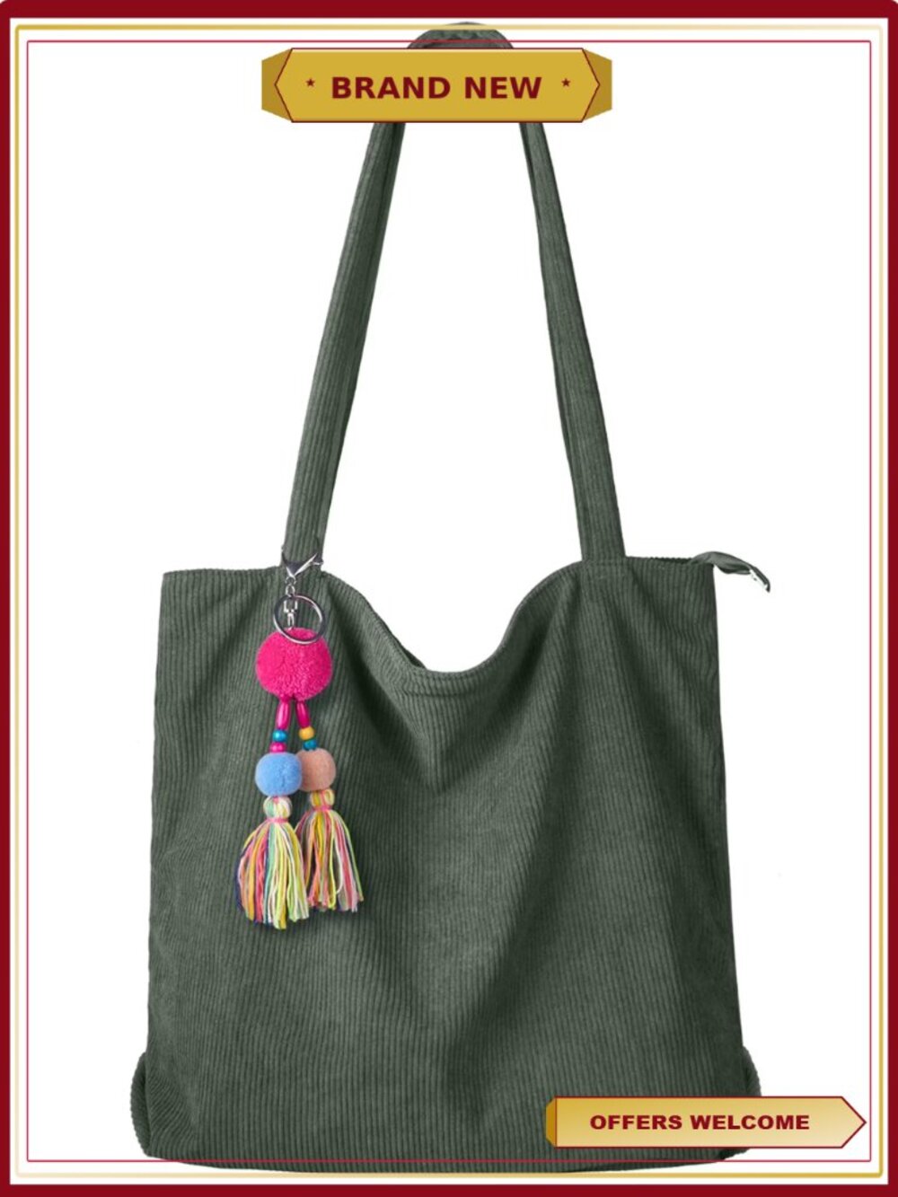 Corduroy Tote Bag with Zip Large Capacity Shoulder Handbag